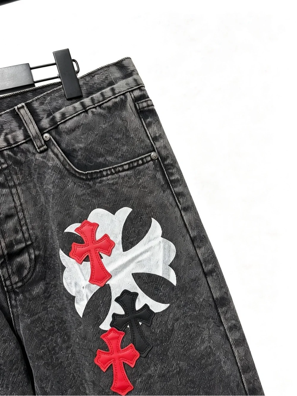 Chrome Hearts Black Acid-Wash Jeans with Red & White Crosses
